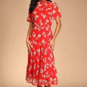 Lulus Dressed Up Red Floral Tiered Chiffon High Neck Midi Dress Women’s Sz XL